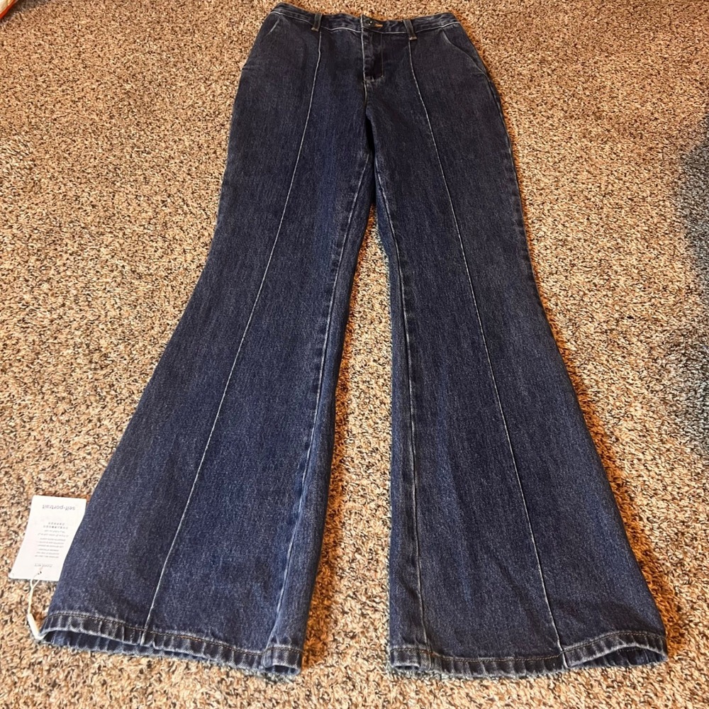 Self-Portrait Flare Leg Jeans Dark Wash High Rise Panel Detail US 4